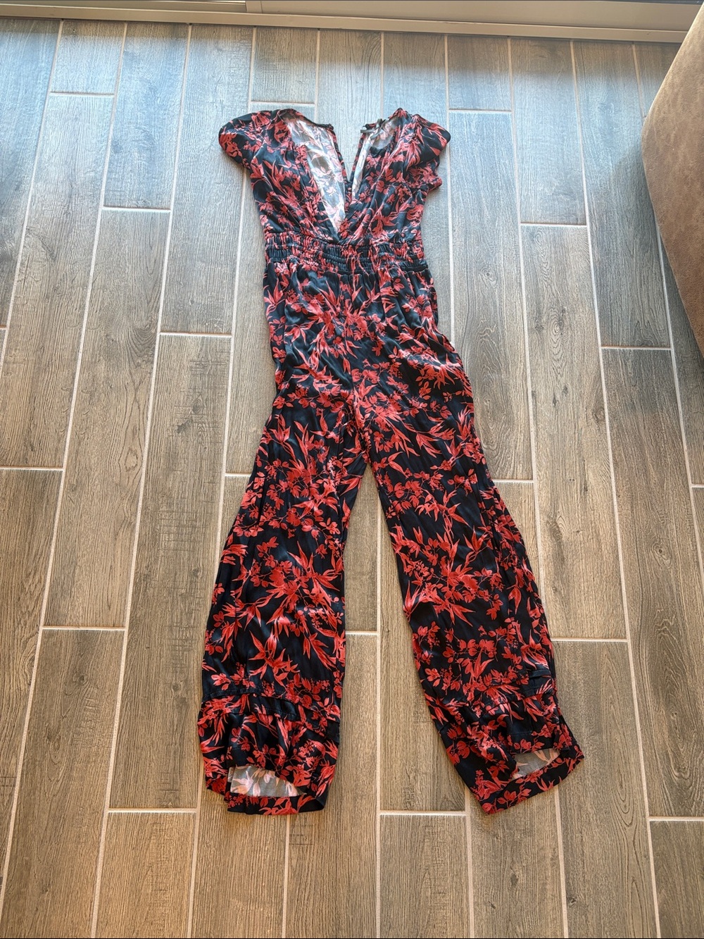 Anthropologie Black Jumpsuit with Red Floral Print
